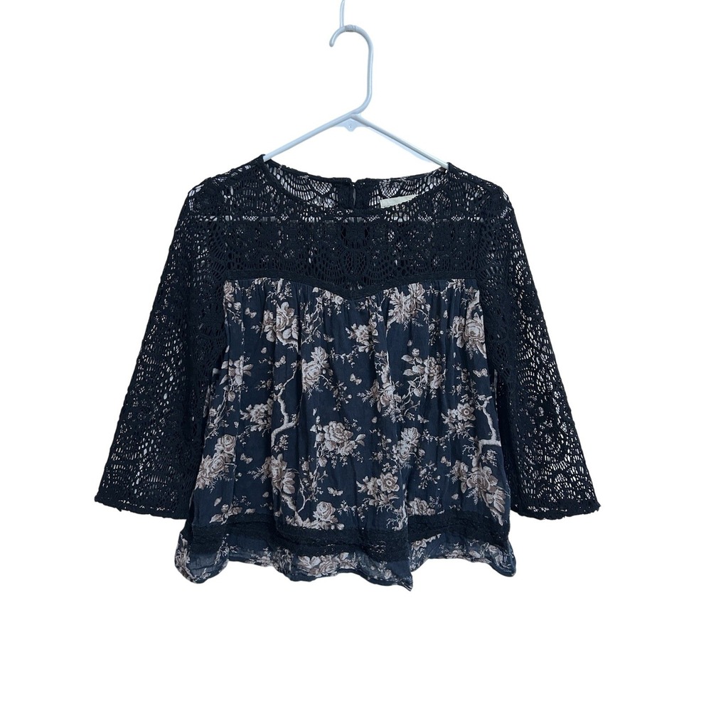Denim and Supply Womens Blouse Ralph Lauren Top Black Boho Size‎ SM Lace Floral